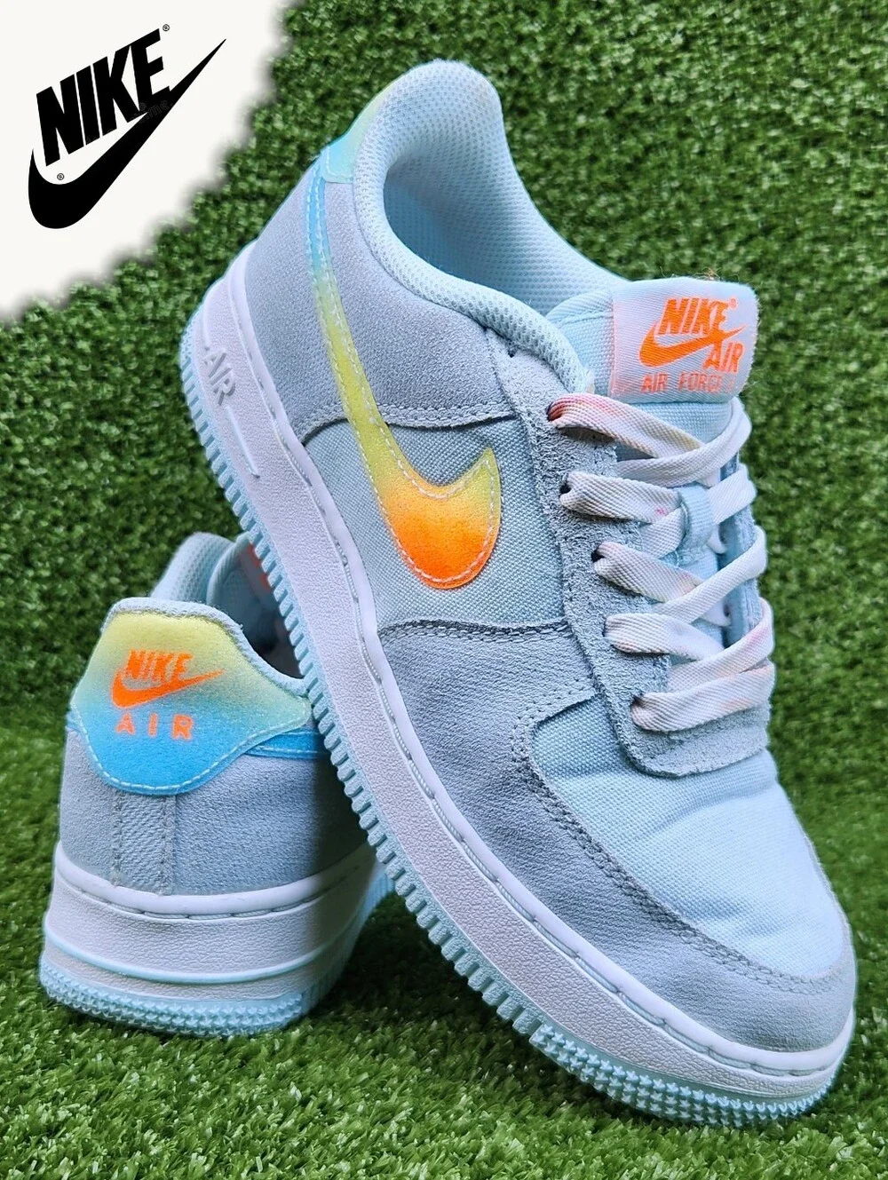 Nike Air Force 1 Big Kids Glacier Blue/Orange Leather Sneakers Size 4.5 Youth